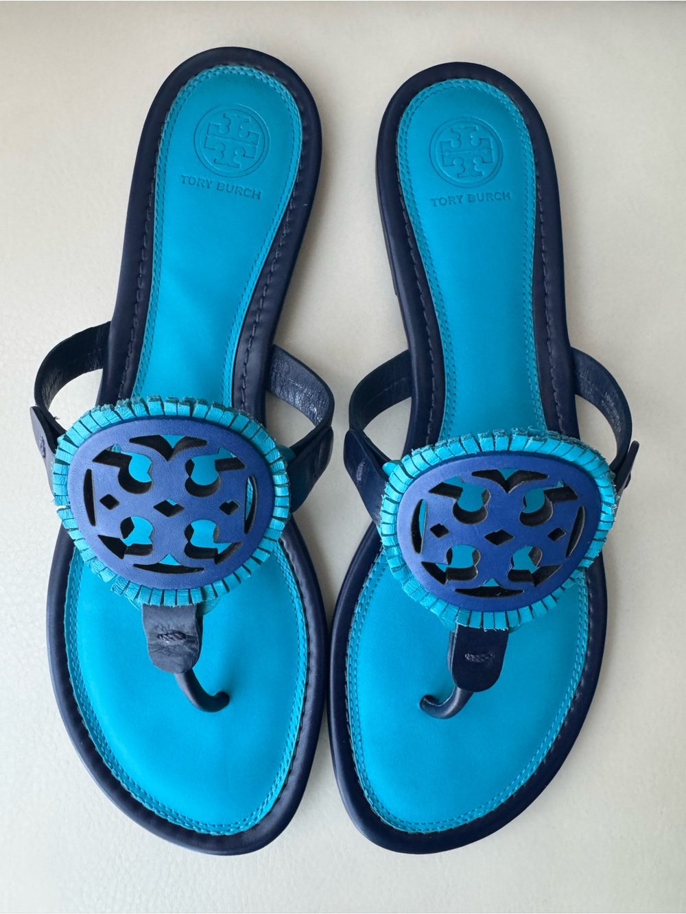 Tory Burch Blue and Turquoise Leather Miller Thong Sandals